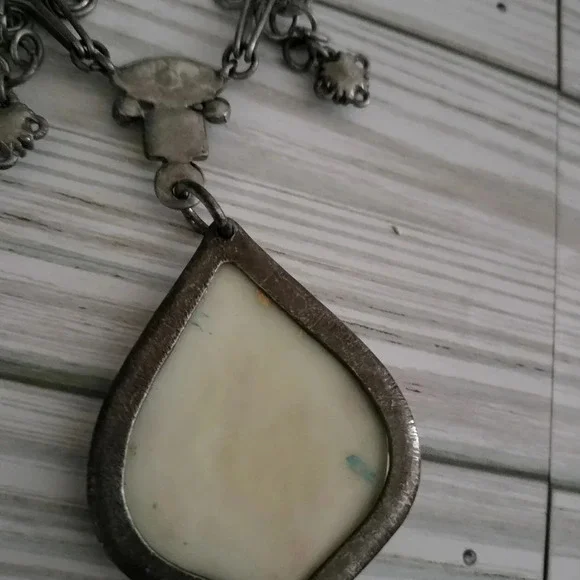 Boho Patina Pendant Blue Rhinestones Antique Silver Tone Statement Necklace - Picture 7 of 10